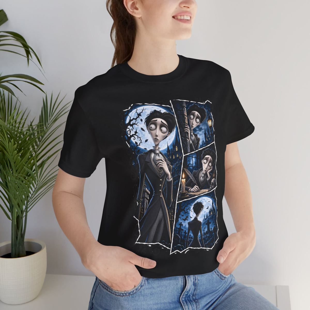 Halloween Gothic Night Comic Panel Tee — Vintage Tim Burton Style Illustration
