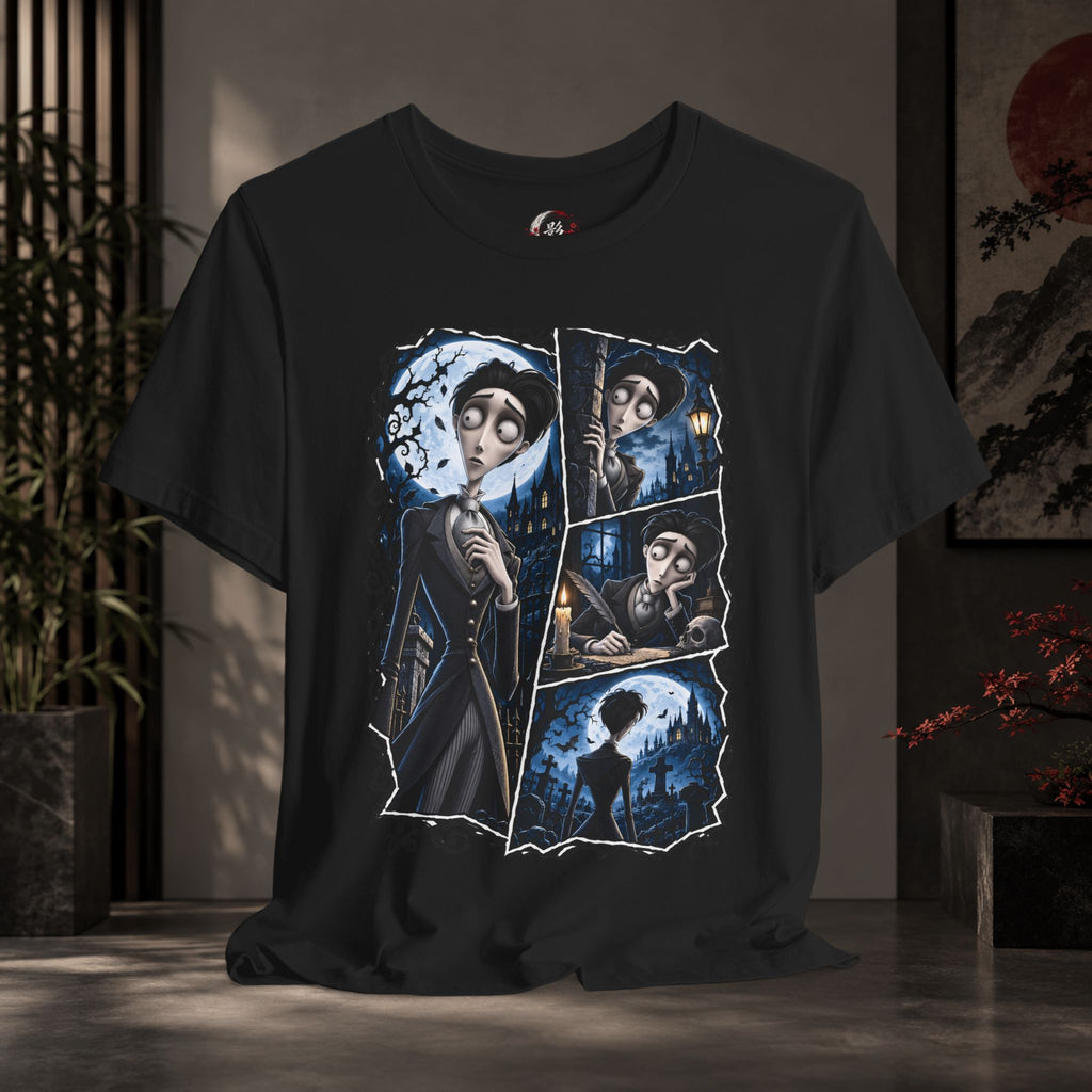 Halloween Gothic Night Comic Panel Tee — Vintage Tim Burton Style Illustration