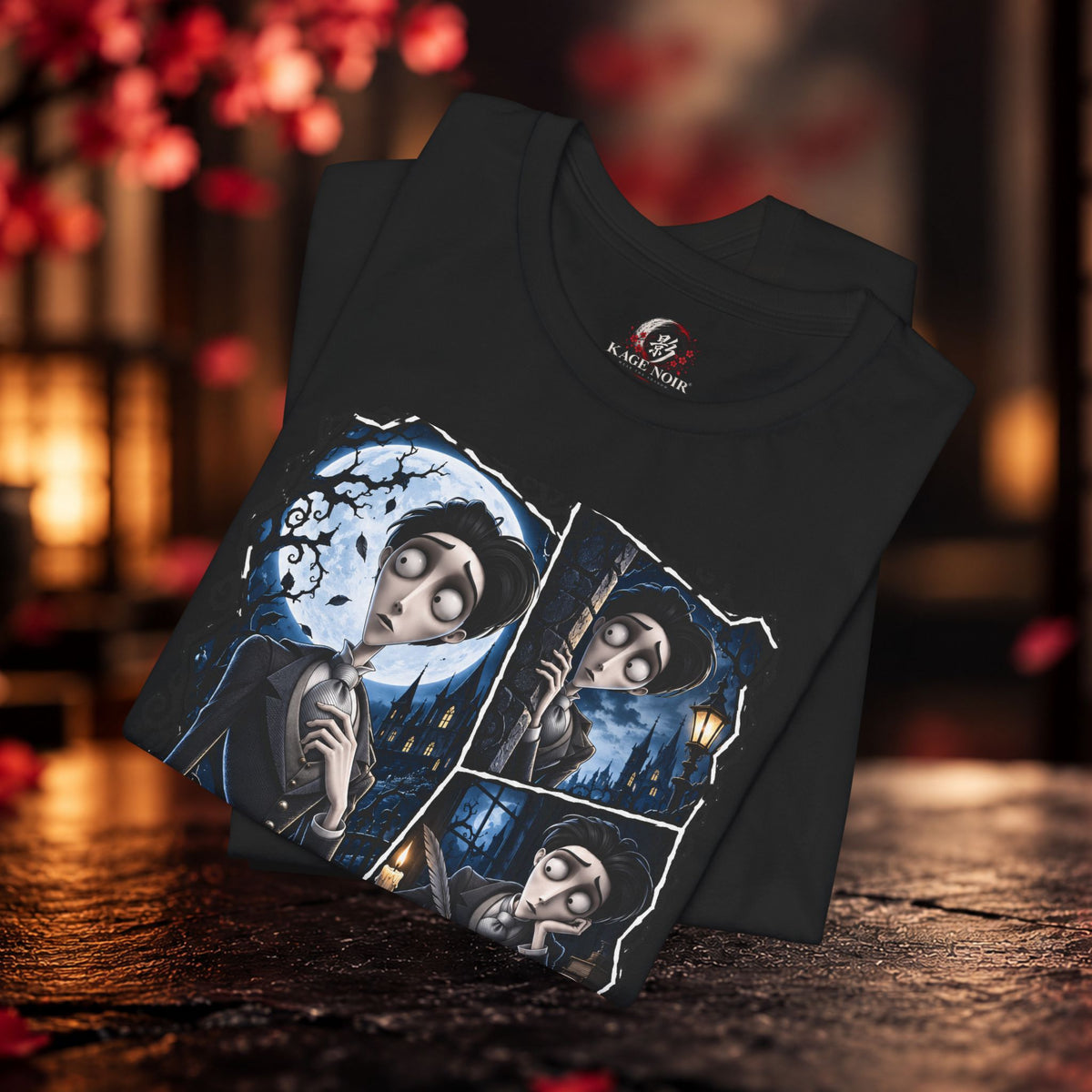 Halloween Gothic Night Comic Panel Tee — Vintage Tim Burton Style Illustration